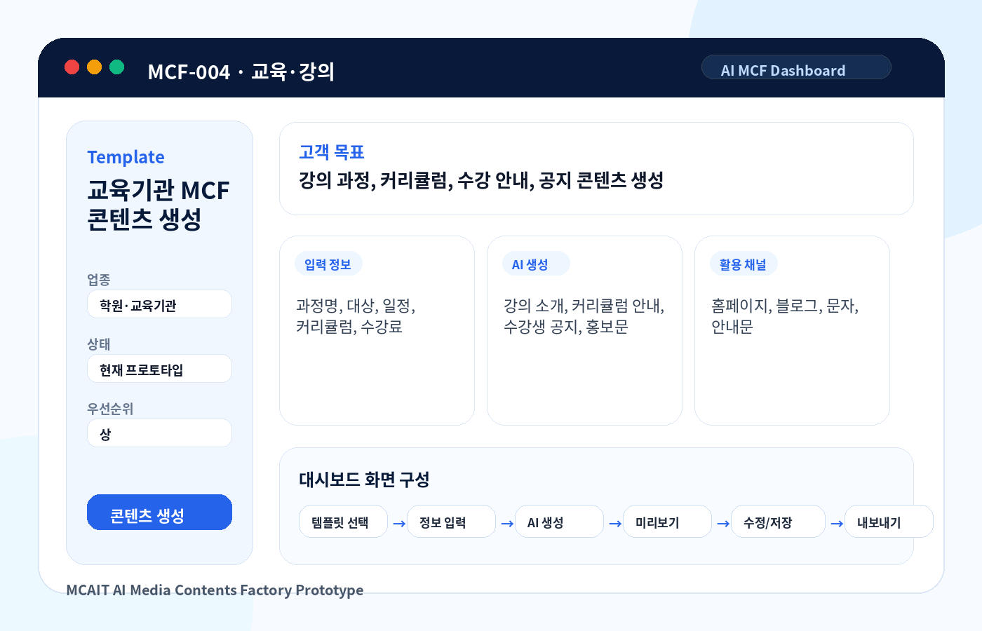 교육기관 MCF 콘텐츠 생성 MCAIT AI MCF 프로토타입 화면
