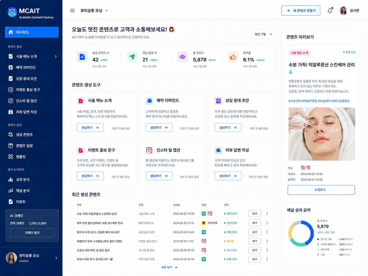 뷰티살롱 · 예약 마케팅 업종용 MCAIT AI 콘텐츠 대시보드 프로토타입 화면